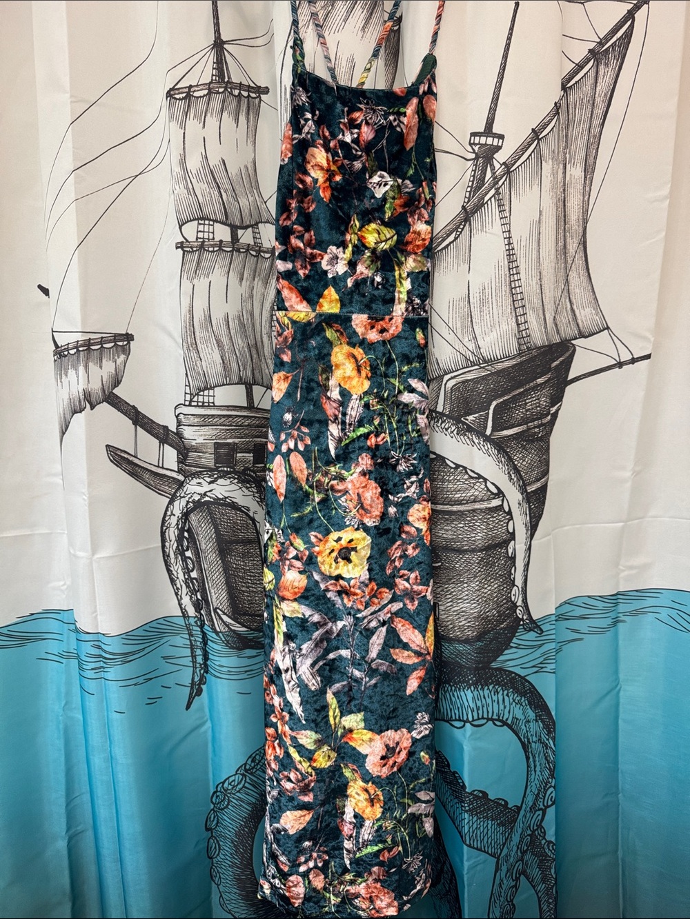 Floral Velvet Maxi Dress in Teal and Coral with adjustable back straps